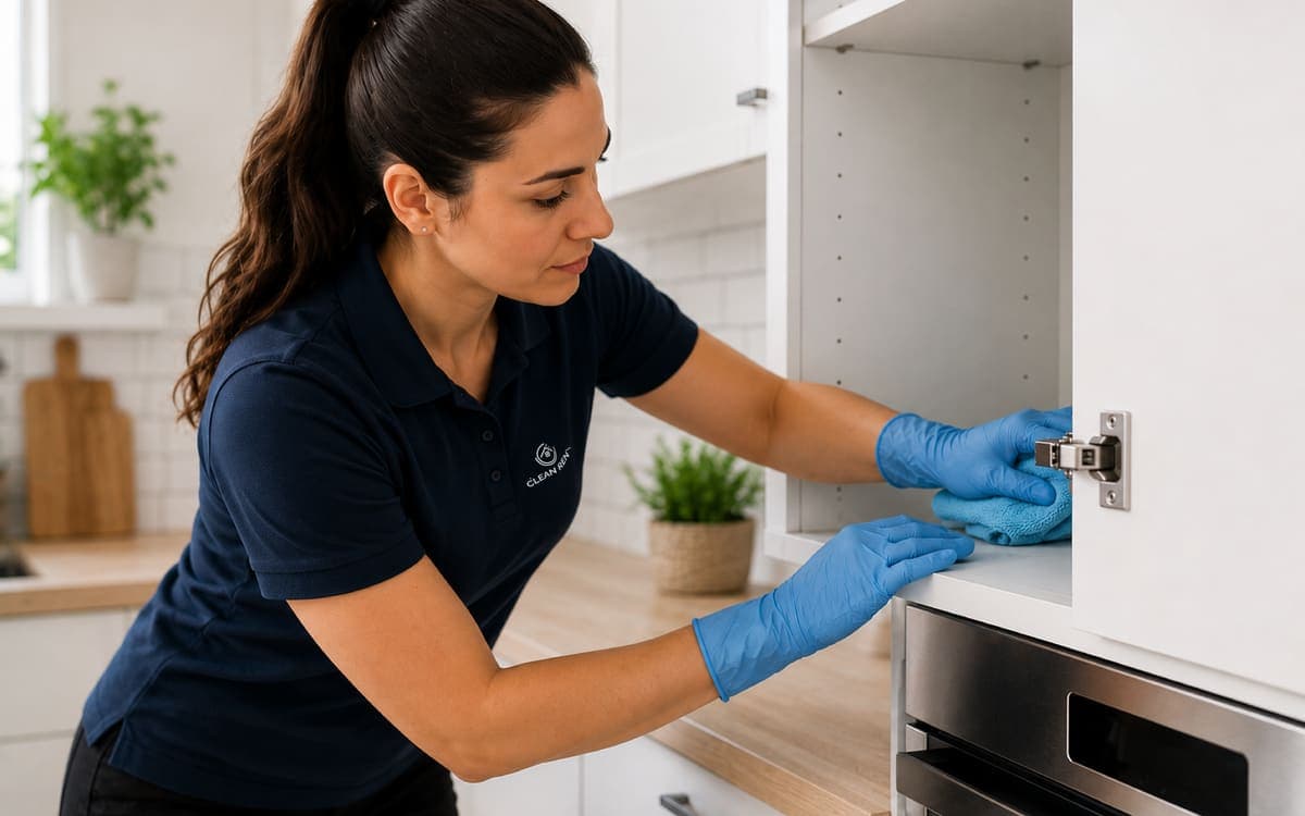 Rengøringsassistent fra Clean Ren der tørrer et køkkenskab af indvendigt med mikrofiberklud